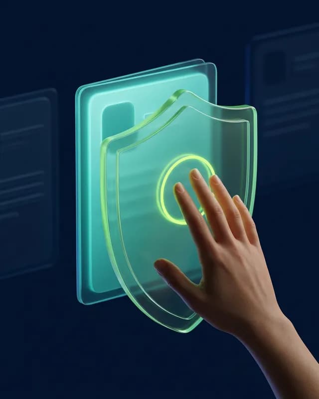 A hand resting on a shield in front of a client record, granting or withholding rather than opening it.