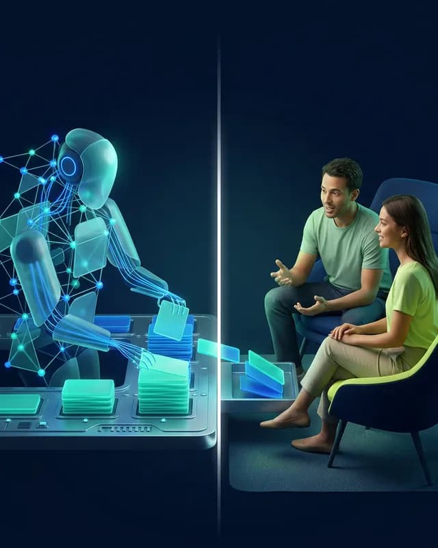 A machine sorting and preparing records on one side of a seam of light, two people in unhurried conversation on the other.