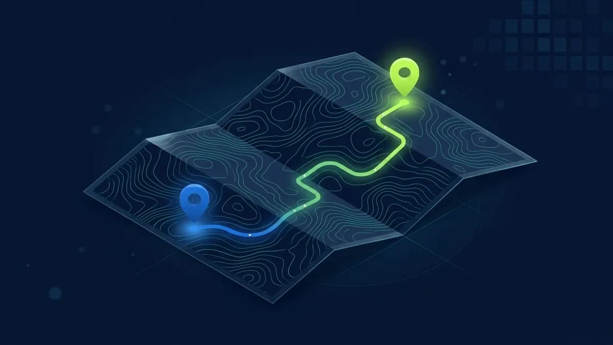 One clear route traced across a map from a first point of interest to a conversation.