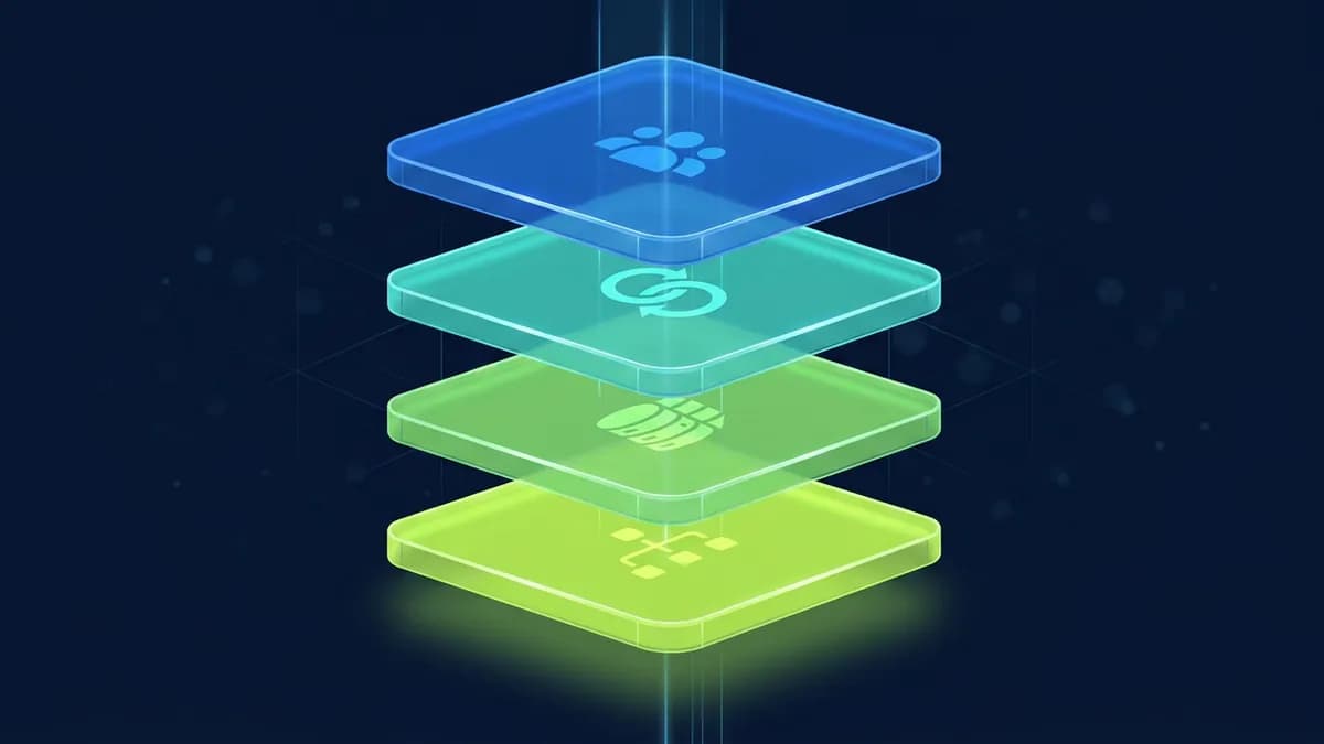 Four stacked layers of a practice, from team through workflows and records to handoffs, tied into one system.