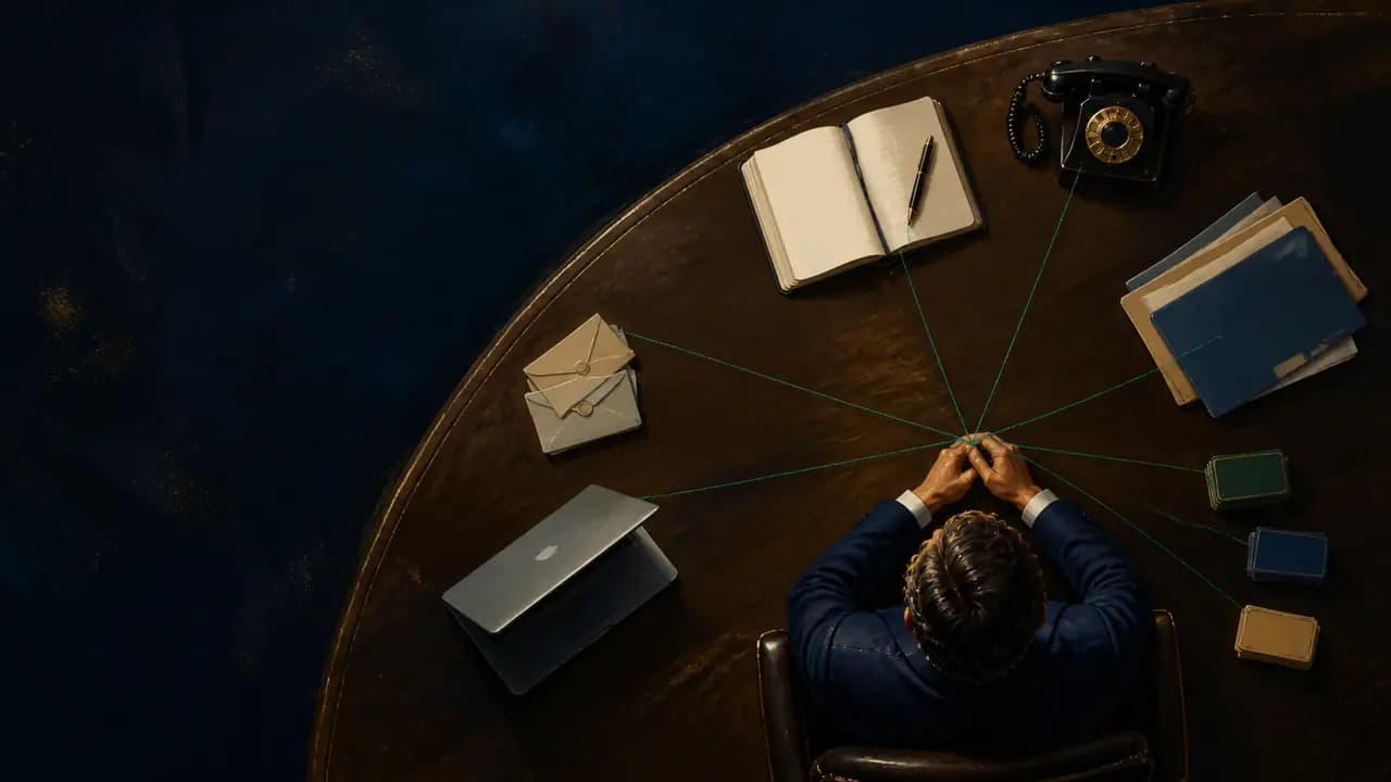 Every thread of a practice, from the notebook to the phone to the files, running back to one person at the centre of the desk.