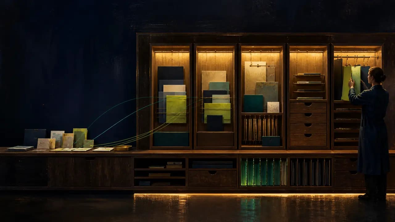 Loose materials from a practice finding an ordered home in a lit cabinet.