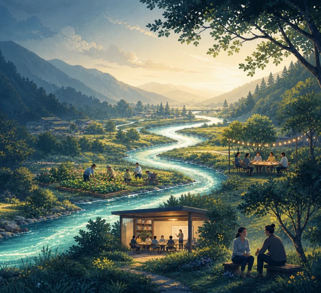 A valley of small working places along a river: a teaching room, a garden, a table of people talking, all lit by the same late light.