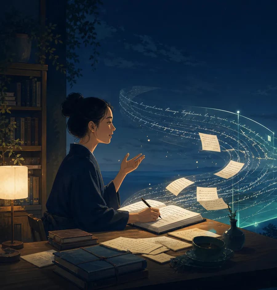 A practitioner writing at a lamplit desk while her handwritten pages travel out across the valley to people reading them.