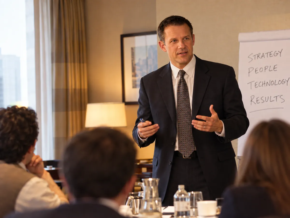 Wolf Krammel running a seminar in a Manhattan hotel in 1994, illustrated